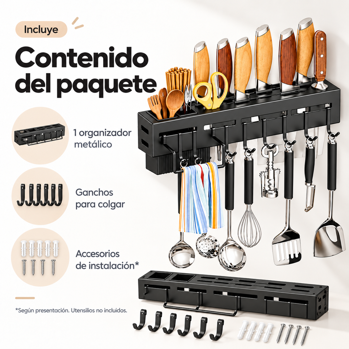 Organizador Metálico de Cocina para Pared | Oferta Especial | Porta Cuchillos y Ganchos