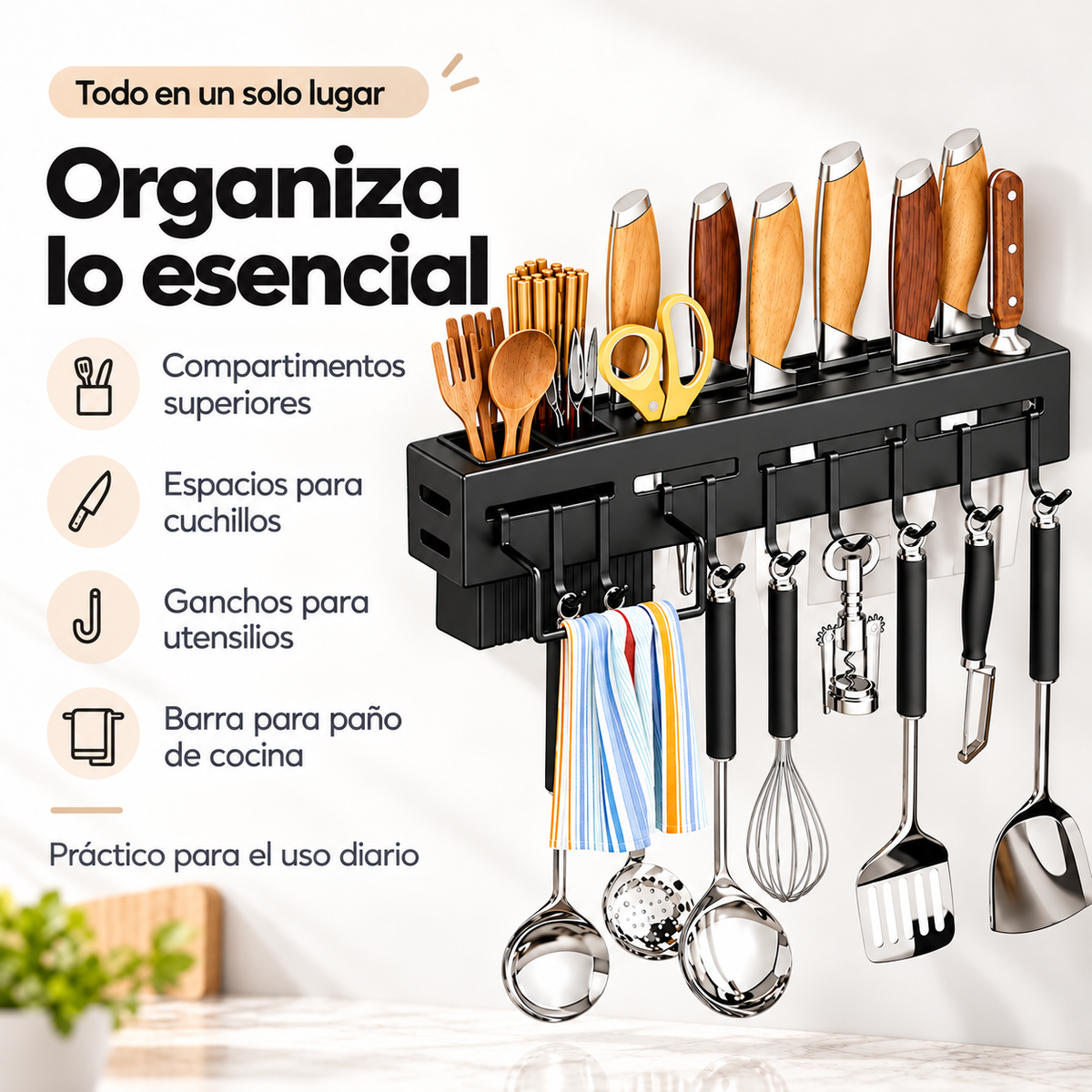 Organizador Metálico de Cocina para Pared | Oferta Especial | Porta Cuchillos y Ganchos